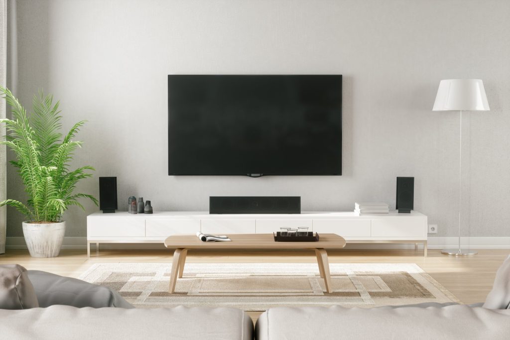 scandinavian style modern living room with entertainment center
